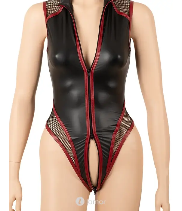 * COTTELLI  Cottelli Party rio body in matte look met mesh, opstaande kraag en 3-weg ritssluiting CC-2645190