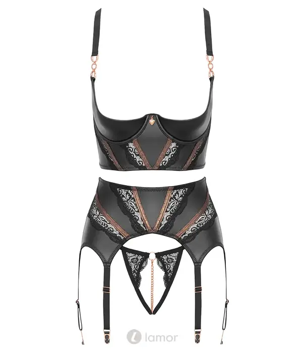 * ABIERTA FINA Abierta Fina 3-delige jarretelset met lift-up bh, jarretelgordel en kruisloze string AF2221675