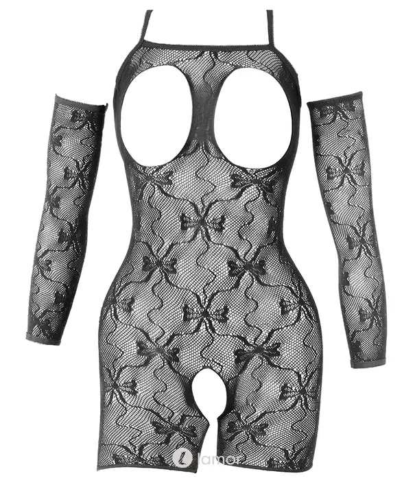 * COTTELLI  Fantasy by Cottelli ouvert catsuit met korte pijpen, armstukken en ruitvormig kant CC-2551926