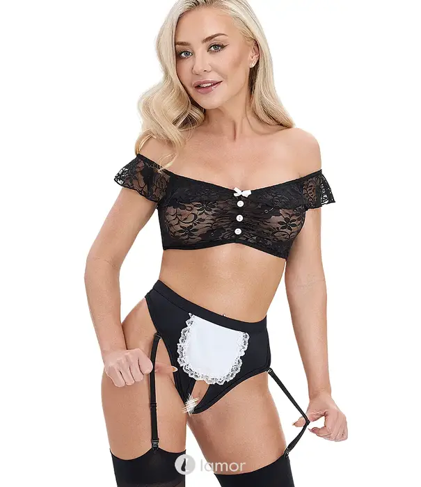 * COTTELLI  Cottelli Costumes serveerster set met kanten top en kruisloze jarretel rio string CC-2471388