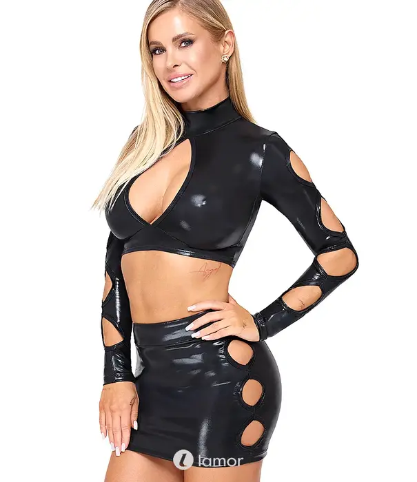 * COTTELLI  Cottelli Party 2-delige wetlook clubwear set met crop top en minirok CC-2260700