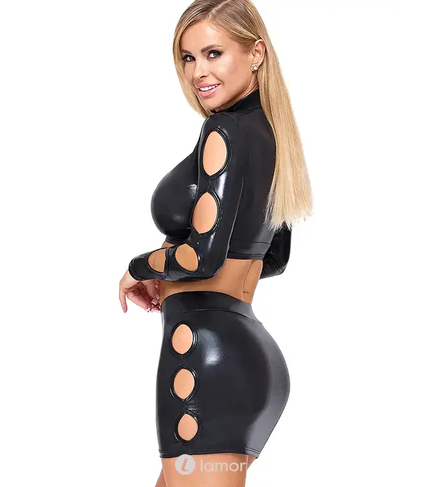 * COTTELLI  Cottelli Party 2-delige wetlook clubwear set met crop top en minirok CC-2260700