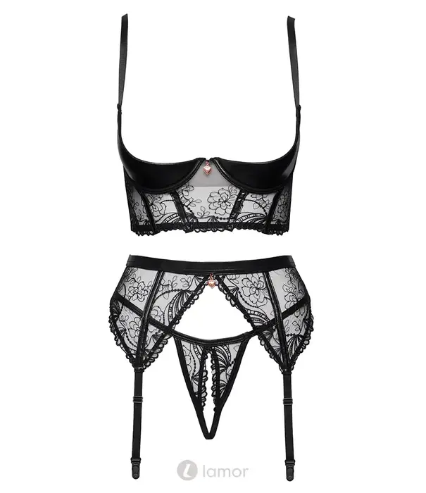 * COTTELLI  Cottelli 3-delige kruisloze jarretelset met longline bh, jarretelgordel en string CC-2221667