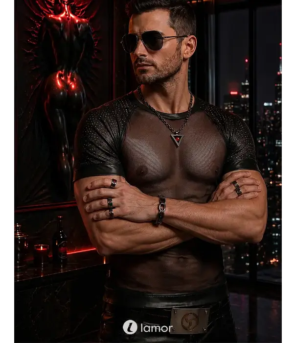 * RFP Regnes Fetish Planet Red Mark heren mesh T-shirt ADDan001 zwart met geperforeerde wetlook schouders en slim fit pasvorm