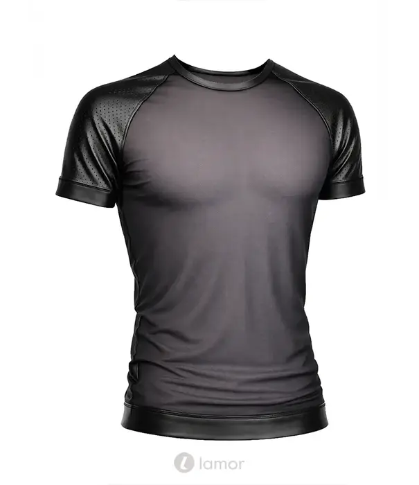 * RFP Regnes Fetish Planet Red Mark heren mesh T-shirt ADDan001 zwart met geperforeerde wetlook schouders en slim fit pasvorm