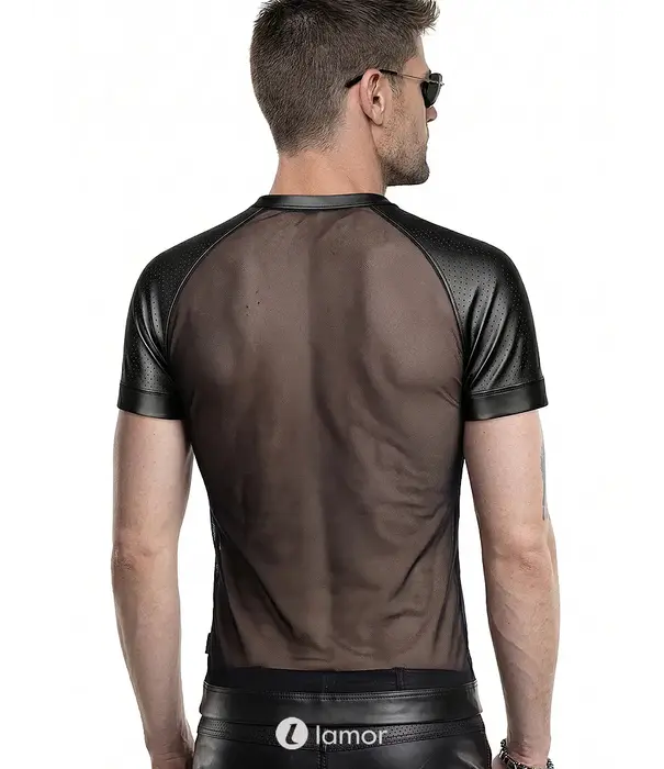 * RFP Regnes Fetish Planet Red Mark heren mesh T-shirt ADDan001 zwart met geperforeerde wetlook schouders en slim fit pasvorm