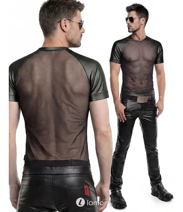 * RFP Regnes Fetish Planet Red Mark heren mesh T-shirt ADDan001 zwart met geperforeerde wetlook schouders en slim fit pasvorm