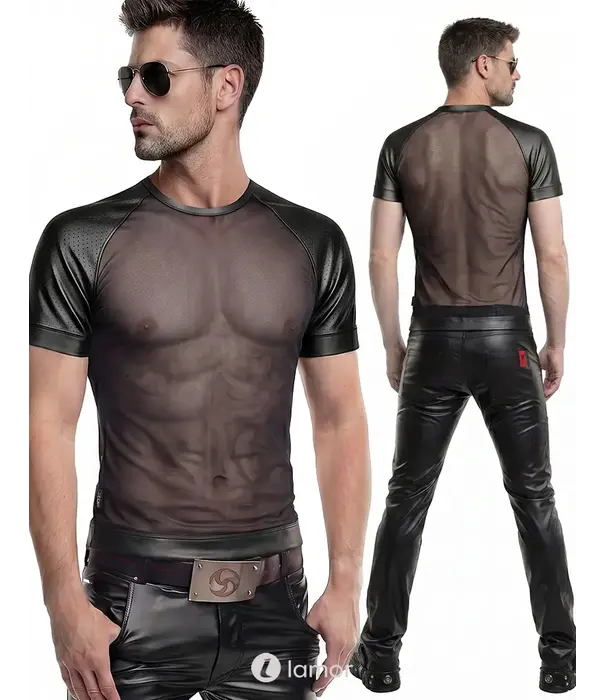 * RFP Regnes Fetish Planet Red Mark heren mesh T-shirt ADDan001 zwart met geperforeerde wetlook schouders en slim fit pasvorm