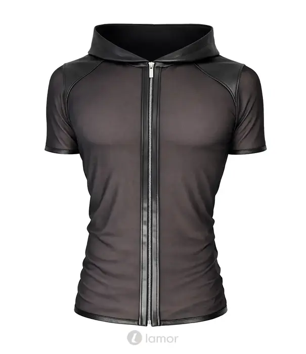 * RFP Regnes Fetish Planet Red Mark heren mesh T-shirt ADGinter001 zwart met capuchon, ritssluiting en wetlook details
