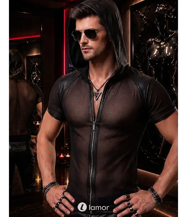 * RFP Regnes Fetish Planet Red Mark heren mesh T-shirt ADGinter001 zwart met capuchon, ritssluiting en wetlook details
