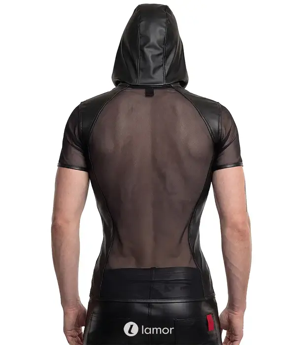 * RFP Regnes Fetish Planet Red Mark heren mesh T-shirt ADGinter001 zwart met capuchon, ritssluiting en wetlook details