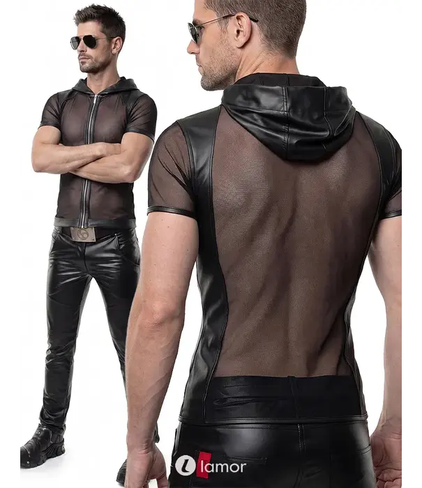 * RFP Regnes Fetish Planet Red Mark heren mesh T-shirt ADGinter001 zwart met capuchon, ritssluiting en wetlook details