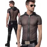 Regnes Fetish Planet Red Mark heren mesh T-shirt ADGinter001 zwart met capuchon, ritssluiting en wetlook details