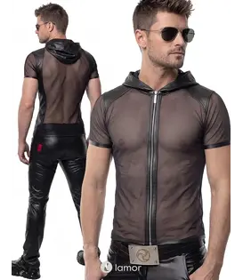 Heren mesh T-shirt met capuchon zwart, ADGinter001
