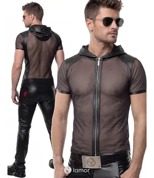 Heren mesh T-shirt met capuchon zwart, ADGinter001