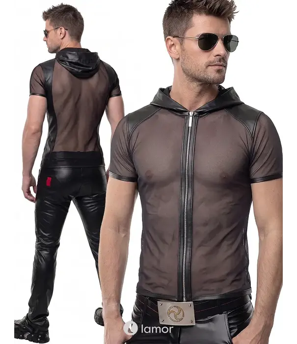 * RFP Regnes Fetish Planet Red Mark heren mesh T-shirt ADGinter001 zwart met capuchon, ritssluiting en wetlook details