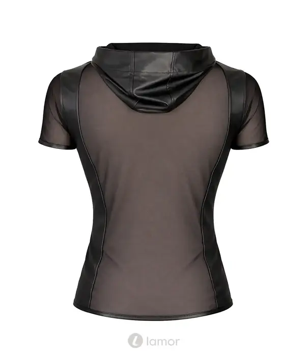 * RFP Regnes Fetish Planet Red Mark heren mesh T-shirt ADGuido001 zwart met wetlook capuchon en slim fit pasvorm