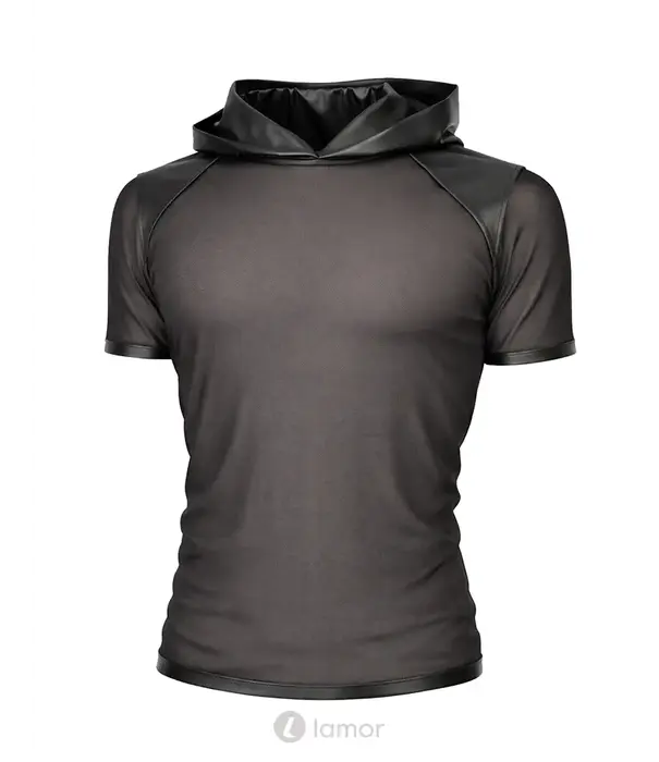 * RFP Regnes Fetish Planet Red Mark heren mesh T-shirt ADGuido001 zwart met wetlook capuchon en slim fit pasvorm