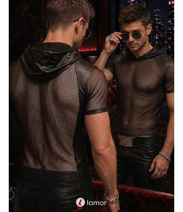 * RFP Regnes Fetish Planet Red Mark heren mesh T-shirt ADGuido001 zwart met wetlook capuchon en slim fit pasvorm