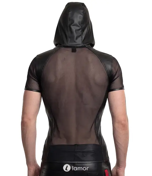* RFP Regnes Fetish Planet Red Mark heren mesh T-shirt ADGuido001 zwart met wetlook capuchon en slim fit pasvorm