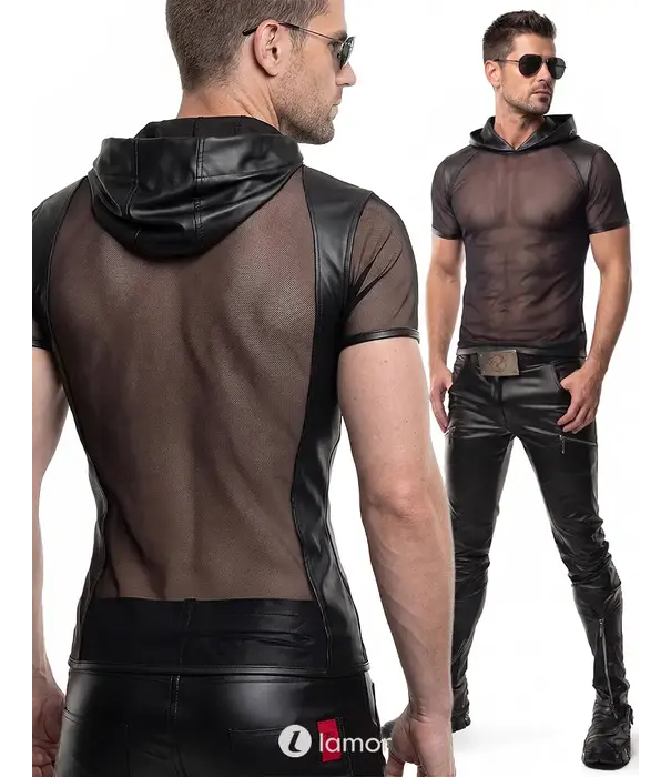 * RFP Regnes Fetish Planet Red Mark heren mesh T-shirt ADGuido001 zwart met wetlook capuchon en slim fit pasvorm