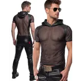 Regnes Fetish Planet Red Mark heren mesh T-shirt ADGuido001 zwart met wetlook capuchon en slim fit pasvorm