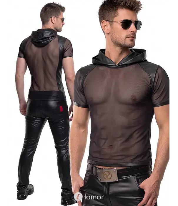 * RFP Regnes Fetish Planet Red Mark heren mesh T-shirt ADGuido001 zwart met wetlook capuchon en slim fit pasvorm