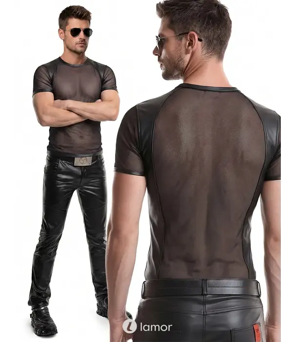 * RFP Regnes Fetish Planet Red Mark heren mesh T-shirt ADJonas001 zwart met wetlook schouders en slim fit pasvorm