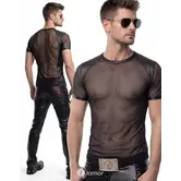 Regnes Fetish Planet Red Mark heren mesh T-shirt ADJonas001 zwart met wetlook schouders en slim fit pasvorm
