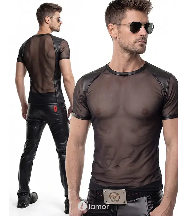 * RFP Regnes Fetish Planet Red Mark heren mesh T-shirt ADJonas001 zwart met wetlook schouders en slim fit pasvorm