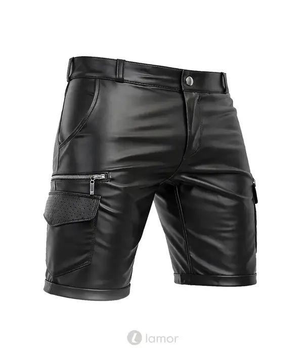 * RFP Regnes Fetish Planet Red Mark ADSimone001 wetlook heren shorts zwart met cargozakken en ritsdetails