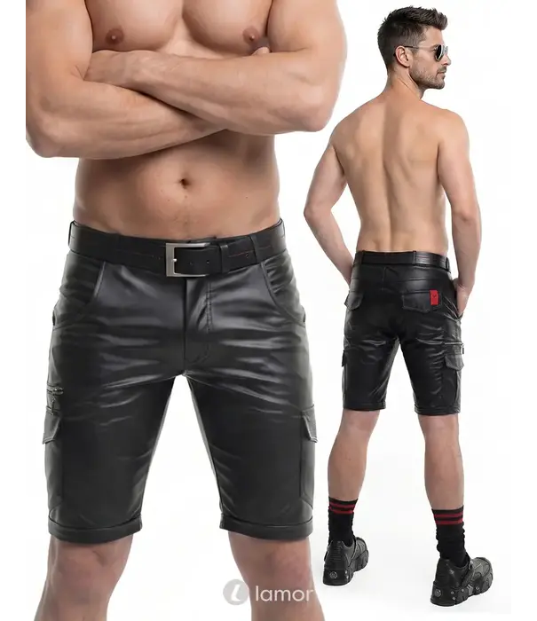 * RFP Regnes Fetish Planet Red Mark ADSimone001 wetlook heren shorts zwart met cargozakken en ritsdetails