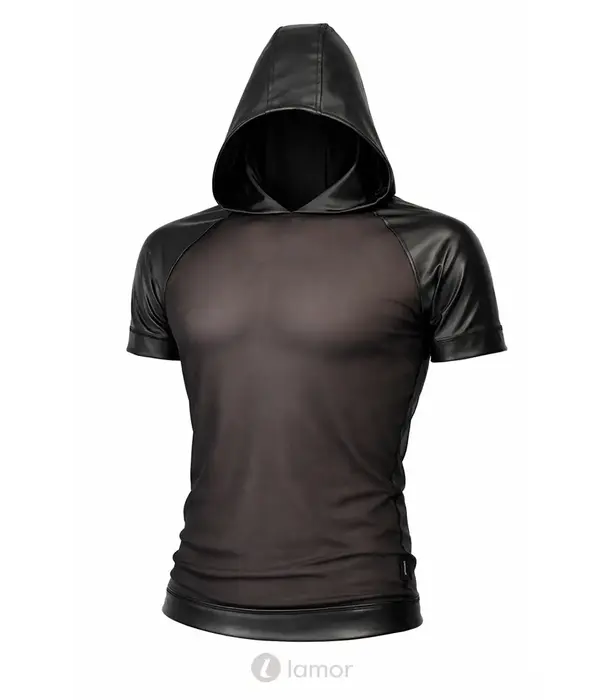 * RFP Regnes Fetish Planet Red Mark heren mesh T-shirt ADMagnus001 met wetlook capuchon zwart