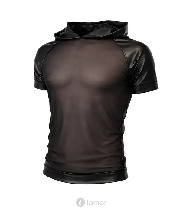 * RFP Regnes Fetish Planet Red Mark heren mesh T-shirt ADMagnus001 met wetlook capuchon zwart