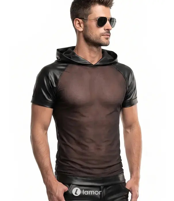 * RFP Regnes Fetish Planet Red Mark heren mesh T-shirt ADMagnus001 met wetlook capuchon zwart