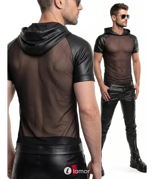 * RFP Regnes Fetish Planet Red Mark heren mesh T-shirt ADMagnus001 met wetlook capuchon zwart