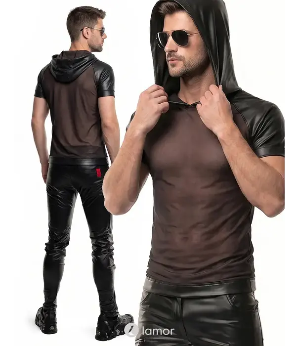 * RFP Regnes Fetish Planet Red Mark heren mesh T-shirt ADMagnus001 met wetlook capuchon zwart