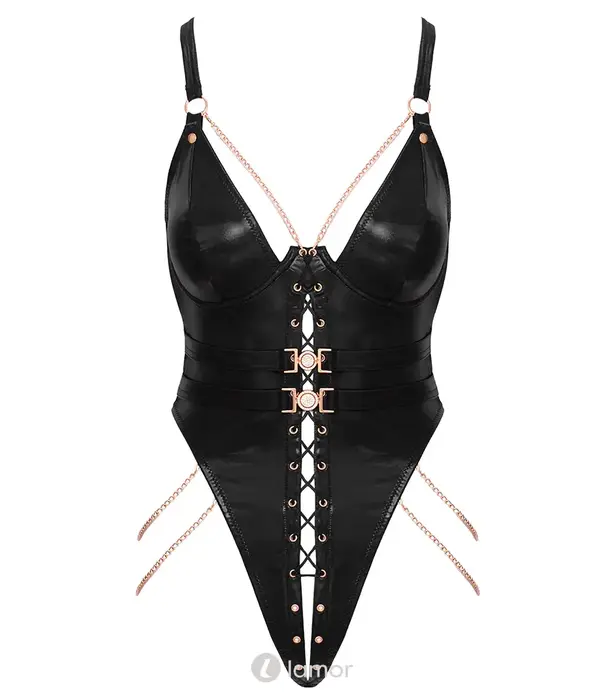 * ABIERTA FINA Abierta Fina wetlook stringbody met beugelcups, vetersluiting en roségoudkleurige details AF2645203
