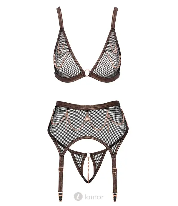 * ABIERTA FINA Abierta Fina 3-delige mesh jarretelset met beha, jarretelgordel en open string AF2215799