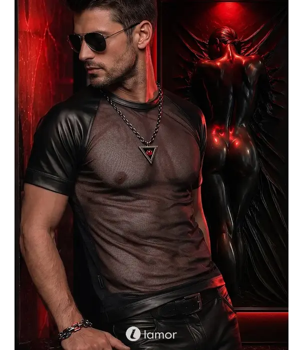 * RFP Regnes Fetish Planet Red Mark ADYans001 heren mesh T-shirt zwart met wetlook afwerking en slim fit