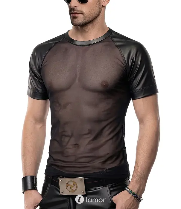 * RFP Regnes Fetish Planet Red Mark ADYans001 heren mesh T-shirt zwart met wetlook afwerking en slim fit