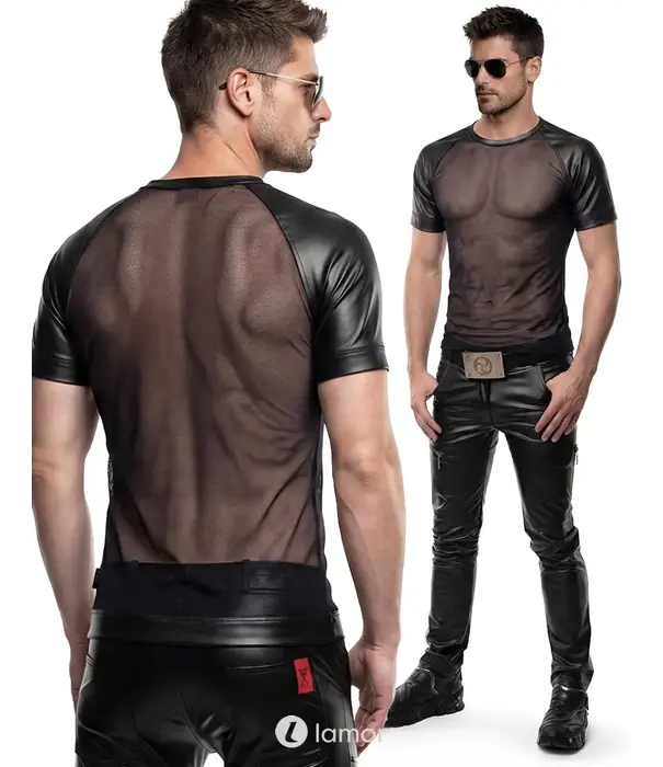 * RFP Regnes Fetish Planet Red Mark ADYans001 heren mesh T-shirt zwart met wetlook afwerking en slim fit
