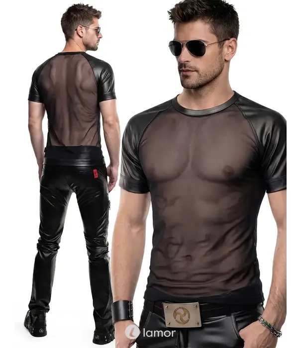 * RFP Regnes Fetish Planet Red Mark ADYans001 heren mesh T-shirt zwart met wetlook afwerking en slim fit