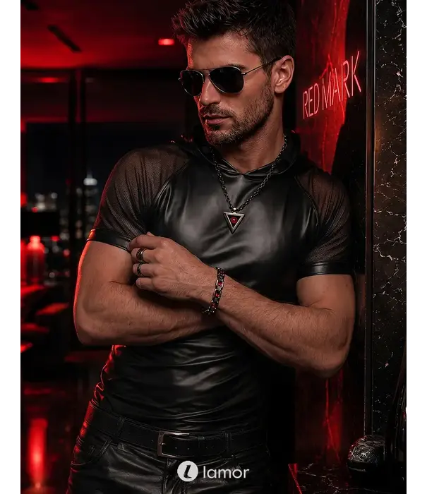 * RFP Regnes Fetish Planet Red Mark ADSolar001 wetlook heren T-shirt zwart met mesh mouwen en capuchon