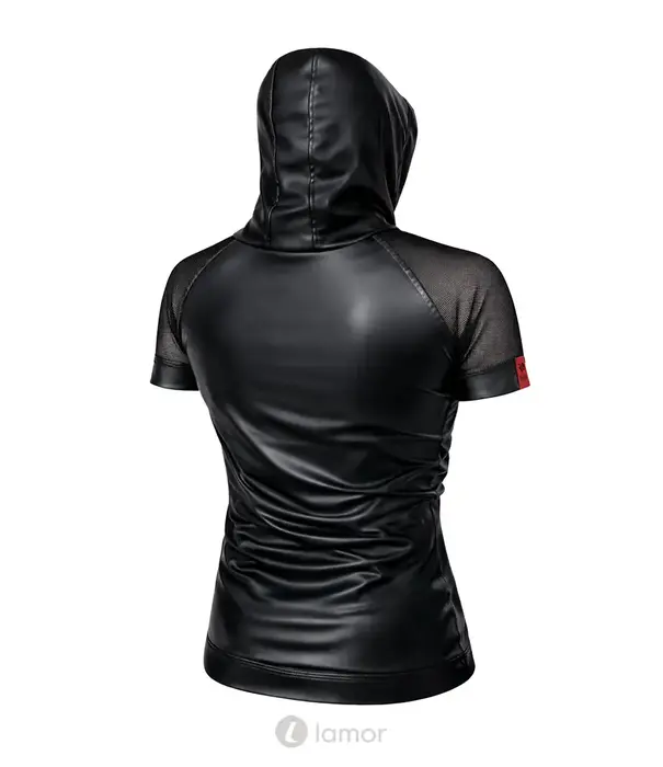 * RFP Regnes Fetish Planet Red Mark ADSolar001 wetlook heren T-shirt zwart met mesh mouwen en capuchon