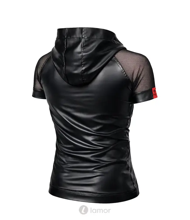 * RFP Regnes Fetish Planet Red Mark ADSolar001 wetlook heren T-shirt zwart met mesh mouwen en capuchon