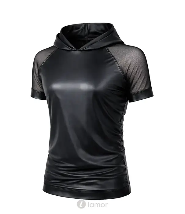 * RFP Regnes Fetish Planet Red Mark ADSolar001 wetlook heren T-shirt zwart met mesh mouwen en capuchon