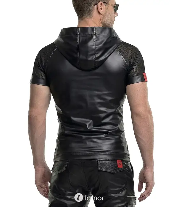 * RFP Regnes Fetish Planet Red Mark ADSolar001 wetlook heren T-shirt zwart met mesh mouwen en capuchon