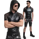 Regnes Fetish Planet Red Mark ADSolar001 wetlook heren T-shirt zwart met mesh mouwen en capuchon