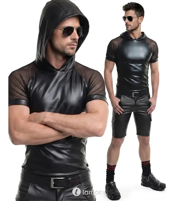 * RFP Regnes Fetish Planet Red Mark ADSolar001 wetlook heren T-shirt zwart met mesh mouwen en capuchon